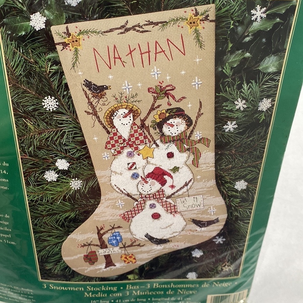Creative Accents cross stitch stocking‎ 3 snowmen